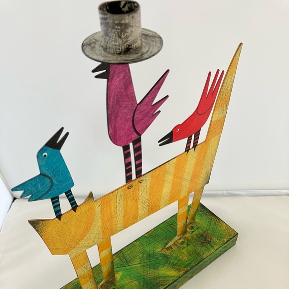 ACME Animal Canada Cat With 3 Birds, one Taper Candle Holder Handcrafted Signed - Picture 13 of 17